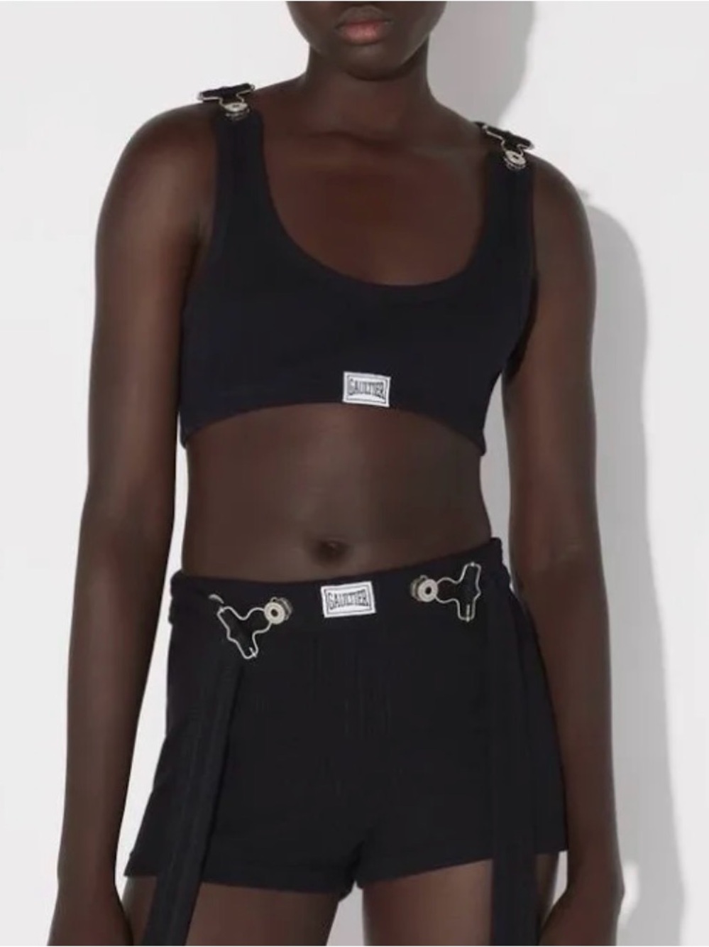 Jean Paul Gaultier Black Cotton Crop Tank Top With Clip and matching shorts